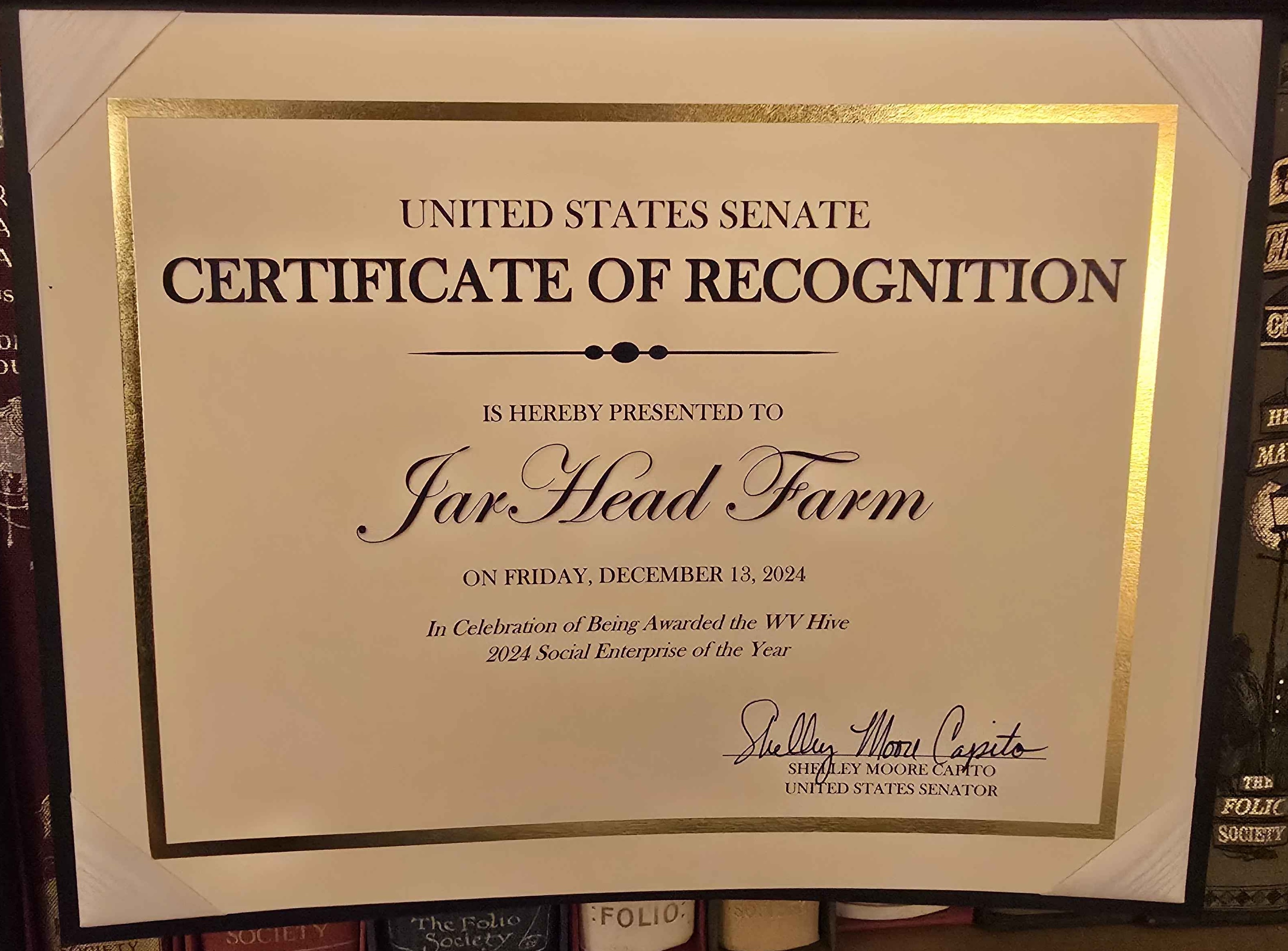 Hive Award Certificate - 2024 WV Social Enterprise of the Year